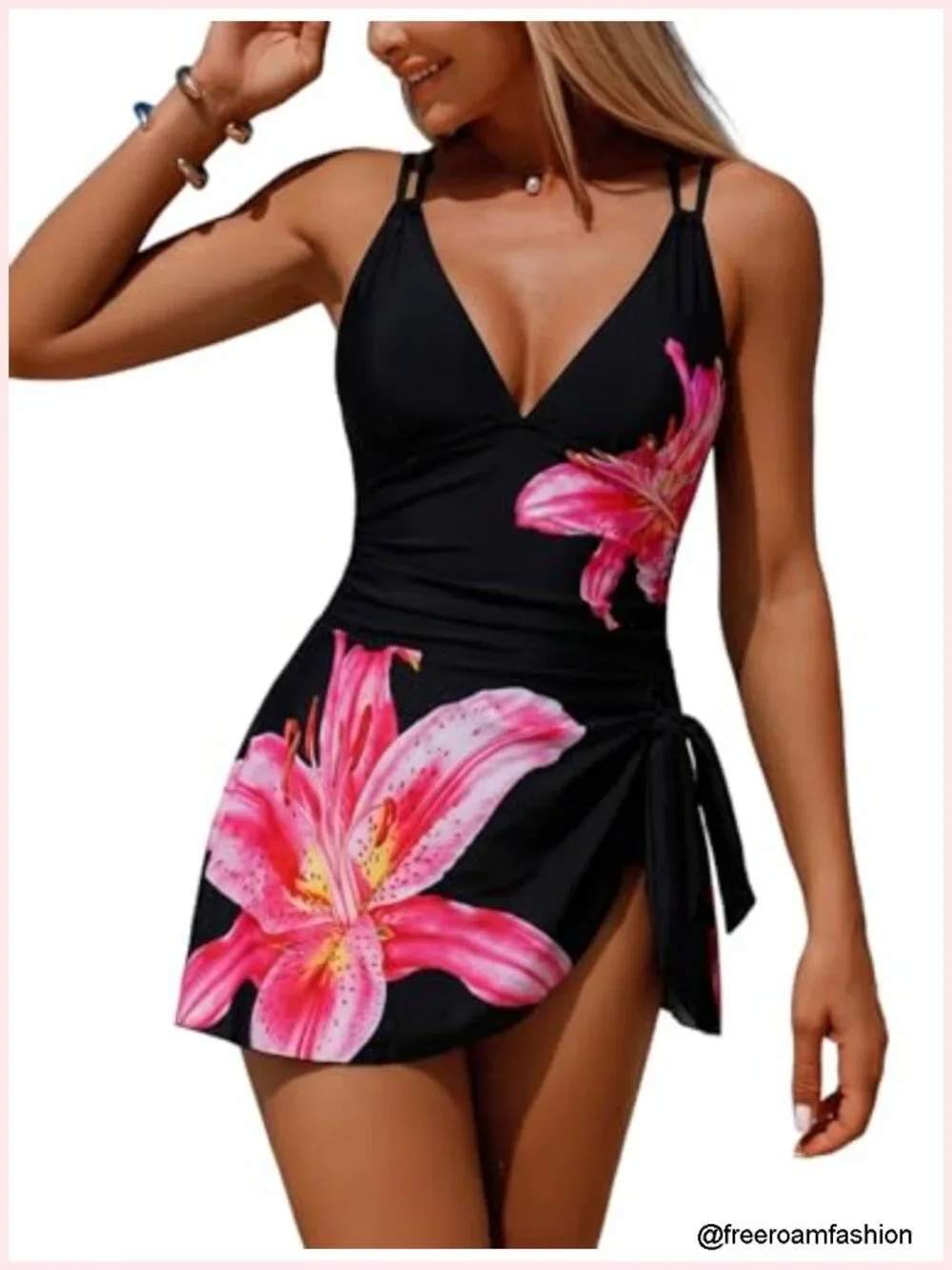 One Piece Swimsuit Women Tummy Control Skirt Swimdress V Neck Floral